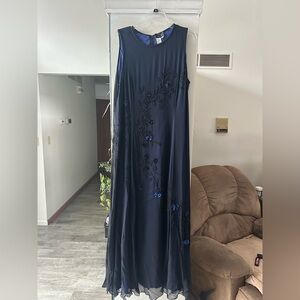 Cassandra Stone Navy Blue Sleeveless Floral Black And Blue Silk Beaded Long Gown